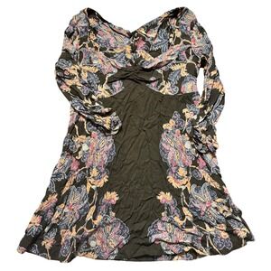 Free People Paisley Print Long Sleeve Tunic Dress Black Pink Blue Size L‎